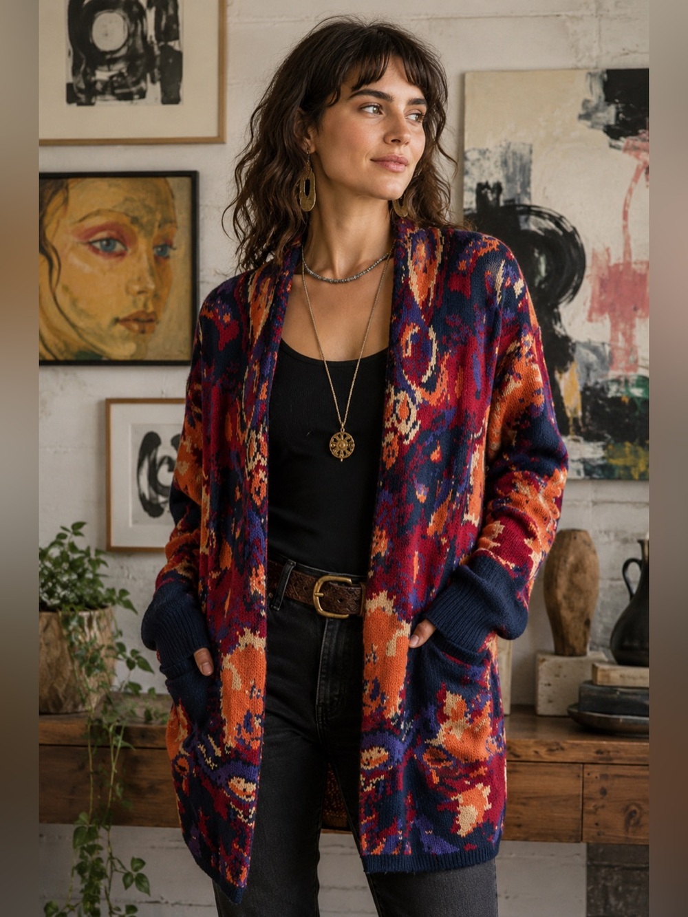 Adyson Parker Multicolor Abstract Knit Open Front Cardigan Size Medium